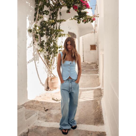 NWOT Zara Knit Corset Tank Top Light Blue Silver Button Front Size Small Pastel - Picture 11 of 15